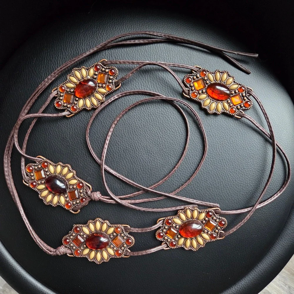 Boho Amber Stone Medallion Tie Belt Brown Faux Leather Western Festival Waist 28